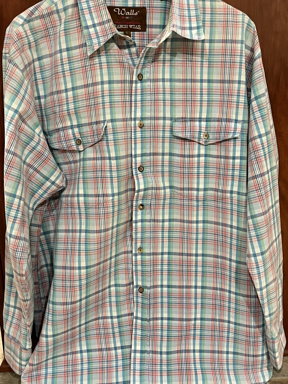 Walls Ranch Wear Men's Plaid Cotton Button-Down Shirt in Blue, Red, and White